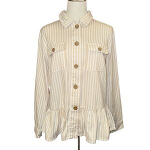 D&Co. Denim + Company Khaki And White Striped Jacket With Ruffle Hem Size S